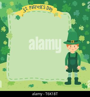 Vector illustration of St. Patrick's Day greeting card banner notes with a boy on green clover background Stock Vector