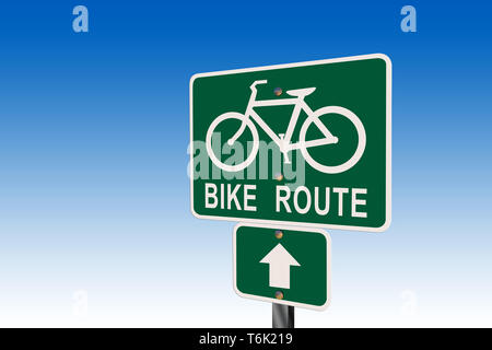 Bike Route road sign with blue background Stock Photo