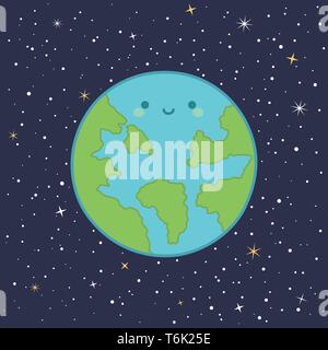 Cute Planet Earth Solar System with funny smiling face cartoon vector illustration Stock Vector
