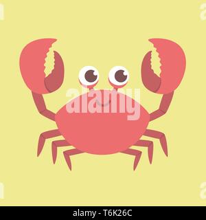 Cute smiling Red Crab vector illustration cartoon character design lifting up claws, isolated on yellow background Stock Vector