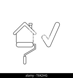 Vector icon concept of roller paint brush painting house with check mark. Black outlines. Stock Vector