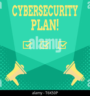 Handwriting text Cybersecurity Plan. Conceptual photo Techniques of protecting computer and system from attacks Blank Double Spotlight Crisscrossing U Stock Photo