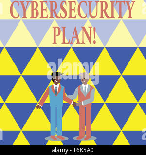 Text sign showing Cybersecurity Plan. Business photo showcasing Techniques of protecting computer and system from attacks Two Businessmen Standing, Sm Stock Photo
