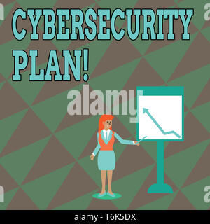 Text sign showing Cybersecurity Plan. Business photo text Techniques of protecting computer and system from attacks Businesswoman Holding Stick Pointi Stock Photo