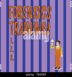 Writing note showing Forensics Training. Business concept for scientific methods and processes to solving crimes Businessman Looking Up and Talking on Stock Photo