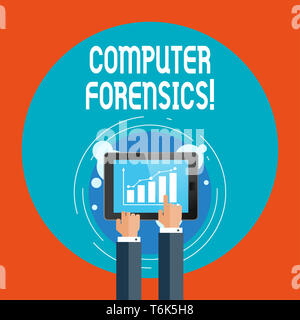 Text sign showing Computer Forensics. Business photo showcasing the investigative analysis techniques on computers Businessman Hand Touching Pointing  Stock Photo