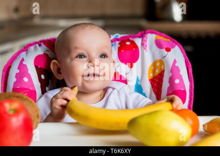 child in a high chair eating fruit and smiling.Portrait of cute adorable smiling laughing Caucasian child kid girl sitting in high chair eating apple Stock Photo