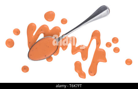 Pink cocktail sauce isolated on white background, top view, spoon of thousand island sauce Stock Photo