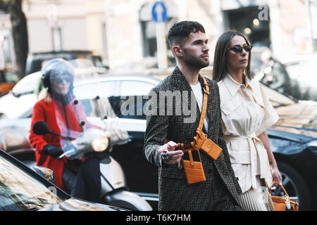 Milan, Italy - February 21, 2019: Street style – Man wearing a Fendi blazer before a fashion show during Milan Fashion Week - MFWFW19 Stock Photo