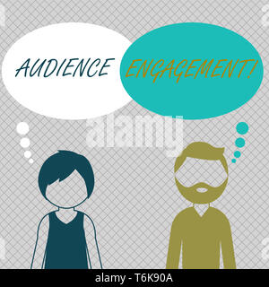 Conceptual hand writing showing Audience Engagement. Concept meaning active involvement of an audience in a live broadcast Bearded Man and Woman with  Stock Photo