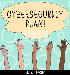Conceptual hand writing showing Cybersecurity Plan. Concept meaning Techniques of protecting computer and system from attacks Multiracial Hands Raisin Stock Photo
