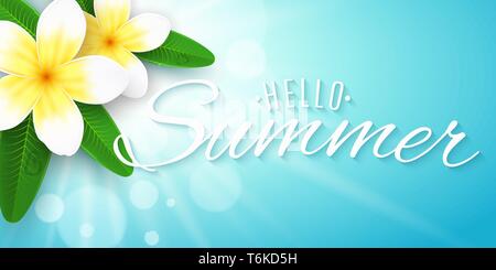 Hello summer inscription. Seasonal banner. Plumeria flowers on blue background with shining sun with bokeh lights. Realistic tropical flowers. Summer  Stock Vector
