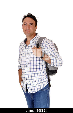 Young man standing with his backpack Stock Photo