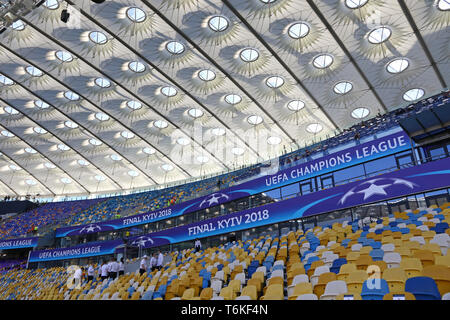 KYIV, UKRAINE - MAY 26, 2018: Empty tribunes of NSC Olimpiyskiy Stadium in Kyiv before the UEFA Champions League Final 2018 game Real Madrid v Liverpo Stock Photo