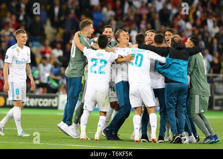 Real Madrid players celebrate after winning the UEFA Champions League Final 2018 game against Liverpool Stock Photo