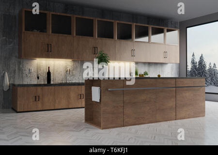 3d rendering of modern kitchen with hardwood cabinets and concrete wall