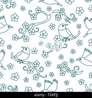 Seamless pattern with sakura branches, birds. Japan nature. Branches of cherry blossoms. Design for card, announcement, advertisement, banner or print Stock Vector