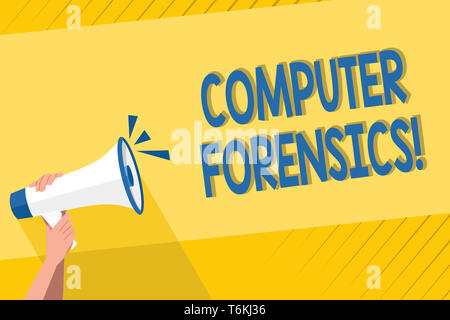 Handwriting text writing Computer Forensics. Conceptual photo the investigative analysis techniques on computers Human Hand Holding Tightly a Megaphon Stock Photo