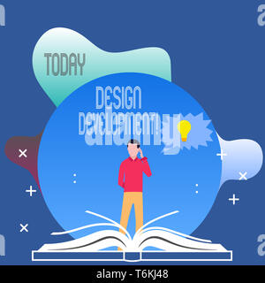 Conceptual hand writing showing Design Development. Concept meaning technical aspects of materials and building systems Man Standing Behind Open Book  Stock Photo