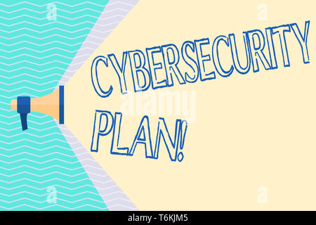 Conceptual hand writing showing Cybersecurity Plan. Concept meaning Techniques of protecting computer and system from attacks Megaphone Extending Capa Stock Photo