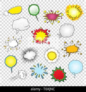 Vector Blank Templates of Speech Bubbles, Symbols, Sound Effects and Elements Set in Comic Pop Art Style Isolated on Transparent Background. Halftone Stock Vector
