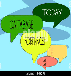 Handwriting text writing Database Forensics. Conceptual photo identifying transactions within a database system Many Color Speech Bubble in Different  Stock Photo