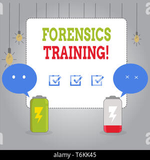 Writing note showing Forensics Training. Business concept for scientific methods and processes to solving crimes Fully Charge and Discharge Battery wi Stock Photo