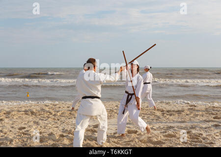 Lazurnoe, Ukraine - July 29, 2017: A group of sportsmen are training in karate at the Black sea shore Stock Photo