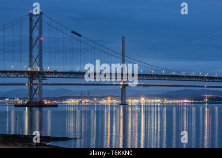 Road Bridges over Firth of Forth near Queensferry in Scotland Stock Photo