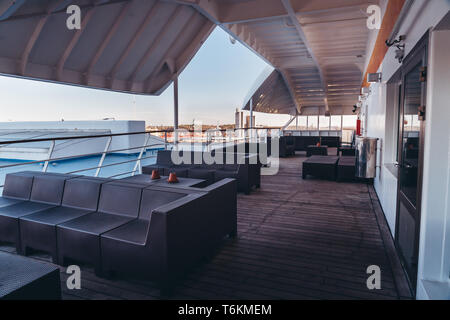 Stockholm Sweden, View the empty outside lounge at the car ferry waiting to leave for Helsinki Finland on a sunny day on the port Stock Photo