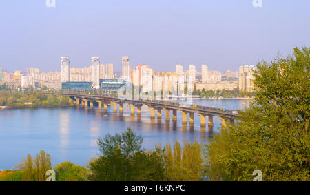 View over Dnipro river, Paton bridge and left bank of Kiev. Ukraine Stock Photo