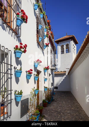 The minaret of the Mezquita Grande Mosque, viewed from a florally decorated alley in the El Albayzín or Albaicín quarter of Granada, Andalucia, Spain Stock Photo