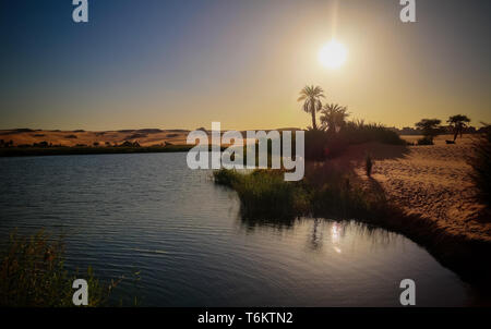 Panoramic view to Boukkou lake group of Ounianga Serir lakes at sunset , Ennedi, Chad Stock Photo