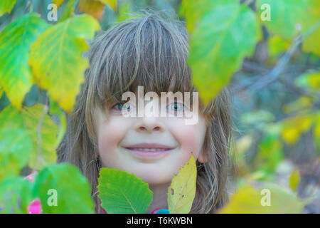 Little girl face between the leaves in the park. Stock Photo