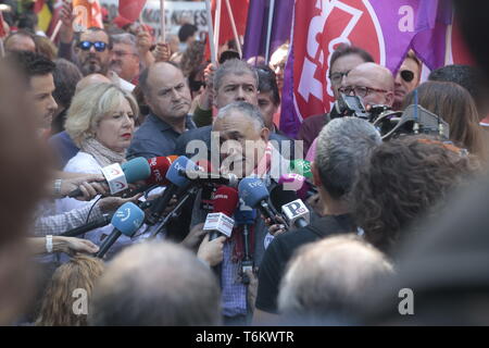 Pepe Álvarez, spokesman for the UGT union seen speaking to the media during the protest. Thousands of protesters demonstrate on the International Workers' Day convoked by the majority unions UGT and CCOO to demand policies and reductions in unemployment levels in Spain, against job insecurity and labour rights. Politicians of the PSOE and Podemos have participated in the demonstration. Stock Photo