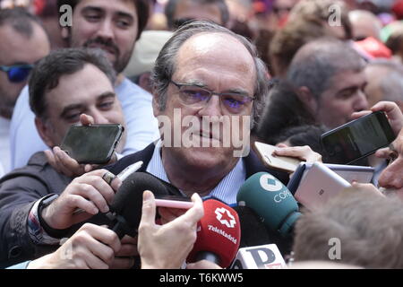 Ángel Gabilondo, candidate for the presidency of the Madrid region seen speaking to the media during the protest. Thousands of protesters demonstrate on the International Workers' Day convoked by the majority unions UGT and CCOO to demand policies and reductions in unemployment levels in Spain, against job insecurity and labour rights. Politicians of the PSOE and Podemos have participated in the demonstration. Stock Photo
