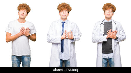 Collage of young doctor man wearing medical coat over isolated white background smiling with hands on chest with closed eyes and grateful gesture on f Stock Photo