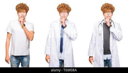 Collage of young doctor man wearing medical coat over isolated white background asking to be quiet with finger on lips. Silence and secret concept. Stock Photo