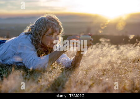 Woman lying in dry grass and taking (selfie) pictures with the smartphone in nature at sunset Stock Photo