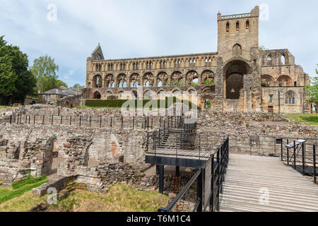 Catwalk to ruins of Jedburgh abbey in Scottish borders Stock Photo