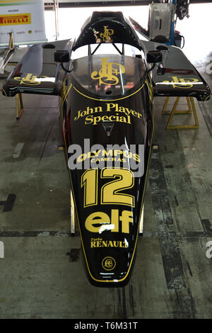 Imola, 27 April 2019: Detail of Historic 1985 F1 Lotus 97T/4 John Player Special ex Ayrton Senna in the box during Minardi Historic Day 2019 at Imola 