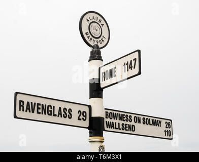 Signpost outside the Senhouse Roman fort museum in Maryport, Cumbria, England, UK Stock Photo