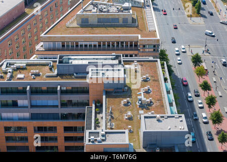 Aerial view of modern office buildings in a business park with glass ...
