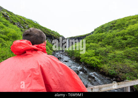 Svartifoss waterfall with basalt columns in Skaftafell, Iceland in green summer rocky landscape with tourist man standing in red poncho closeup on bri Stock Photo