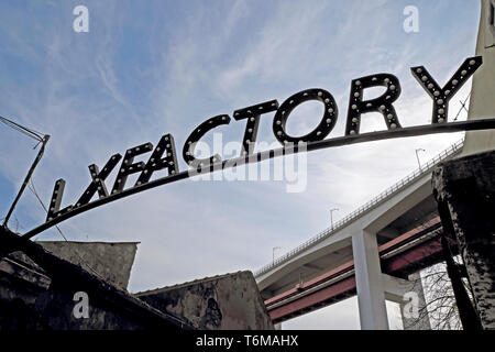 LX Factory Market sign at the entrance to the site in the Alcântara district of Lisbon Lisboa Portugal Europe EU KATHY DEWITT Stock Photo