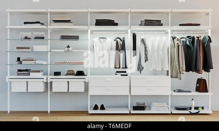 modern wooden and metal wardrobe with men clothes hanging on rail in walk in closet design interior, 3d rendering Stock Photo