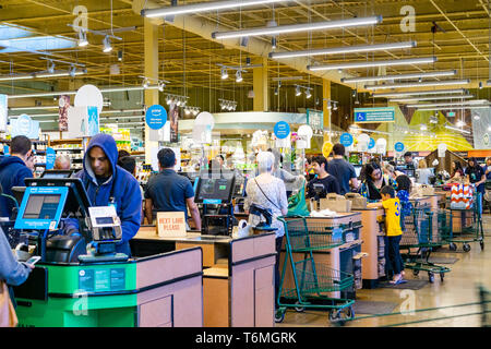 April 21, 2019 Los Altos / CA / USA - Whole Foods store cash register check out lanes, south San Francisco bay area Stock Photo