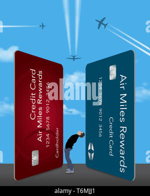 A man bends backwards and looks up at giant air miles rewards credit cards and airliner flying overhead. Stock Photo