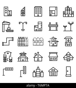 Set of Building and real estate city vector illustration icon or symbol. Editable stroke and color Stock Vector