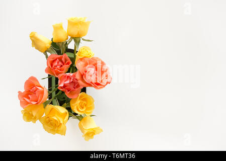 Bouquet of yellow and pink roses, on white background with copy space. Stock Photo
